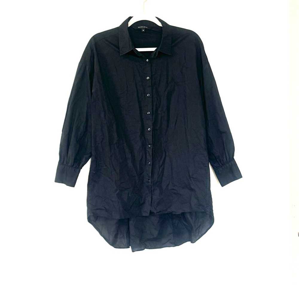 Walter Baker Blouse Black Vivian Oversized Hi Lo Button Up Tunic Top Cotton M - Picture 3 of 11